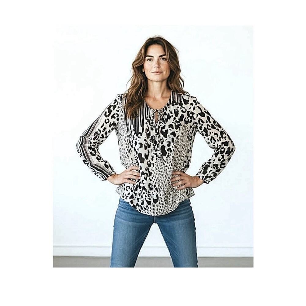 New Cabi Mixed Animal Print Chiffon Blouse M Snap‎ Front Tie Detail Sheer #590